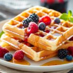 Frisch gebackene Belgische Waffeln aus der Heißluftfritteuse, mit Beeren und Puderzucker serviert